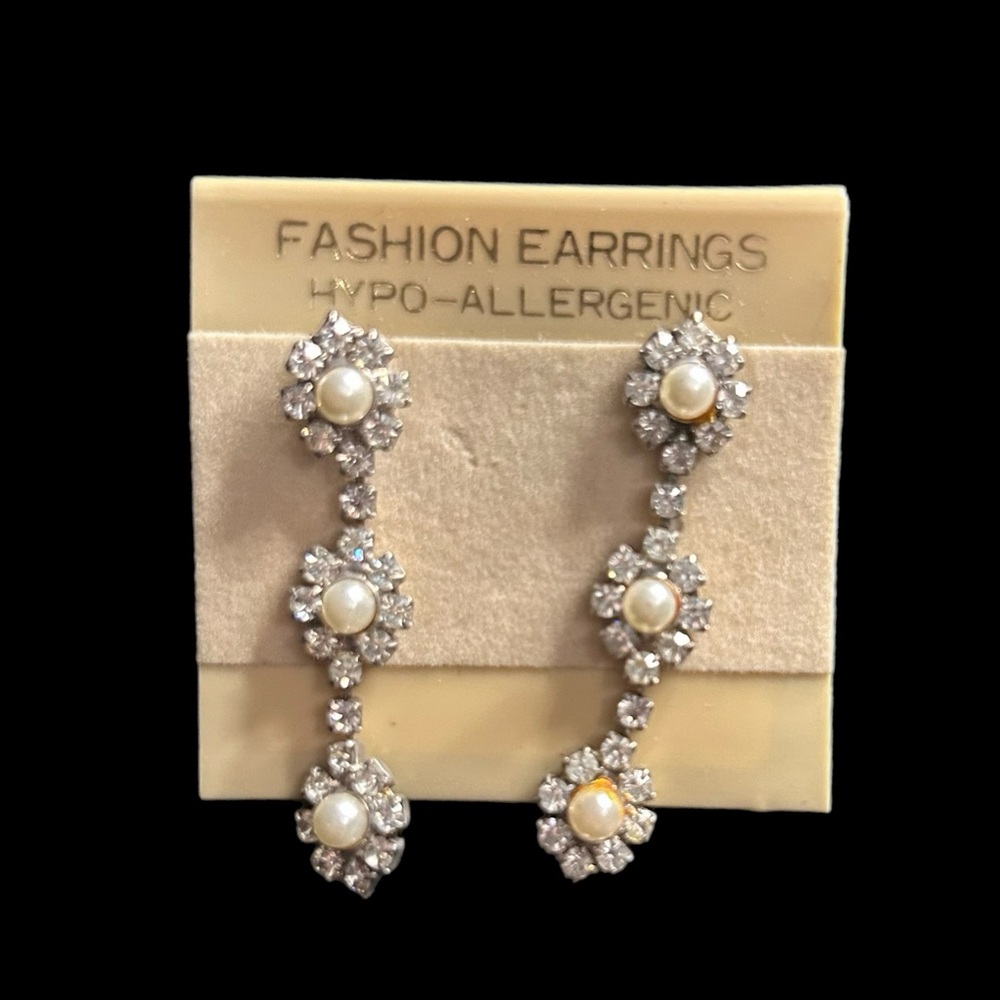 Hypoallergenic Diamond & Pearl Flower Drop Pierced Earrings